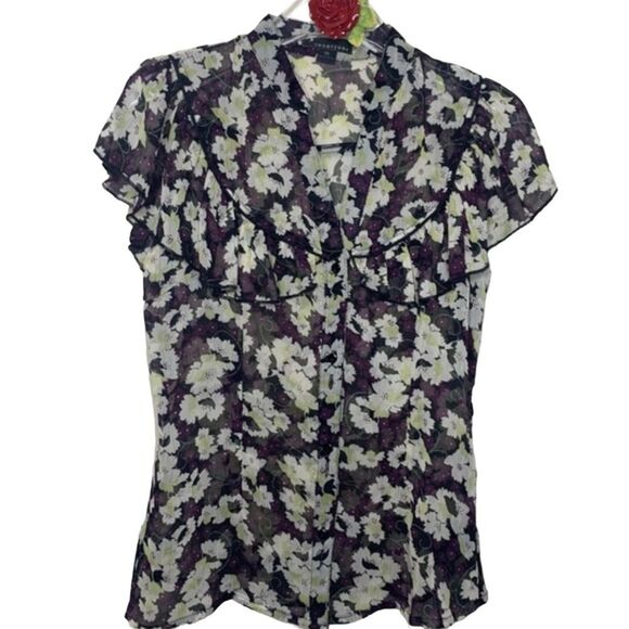 TWENTY ONE Sheer Ruffled Purple Floral Button-up Blouse Medium - Picture 1 of 7